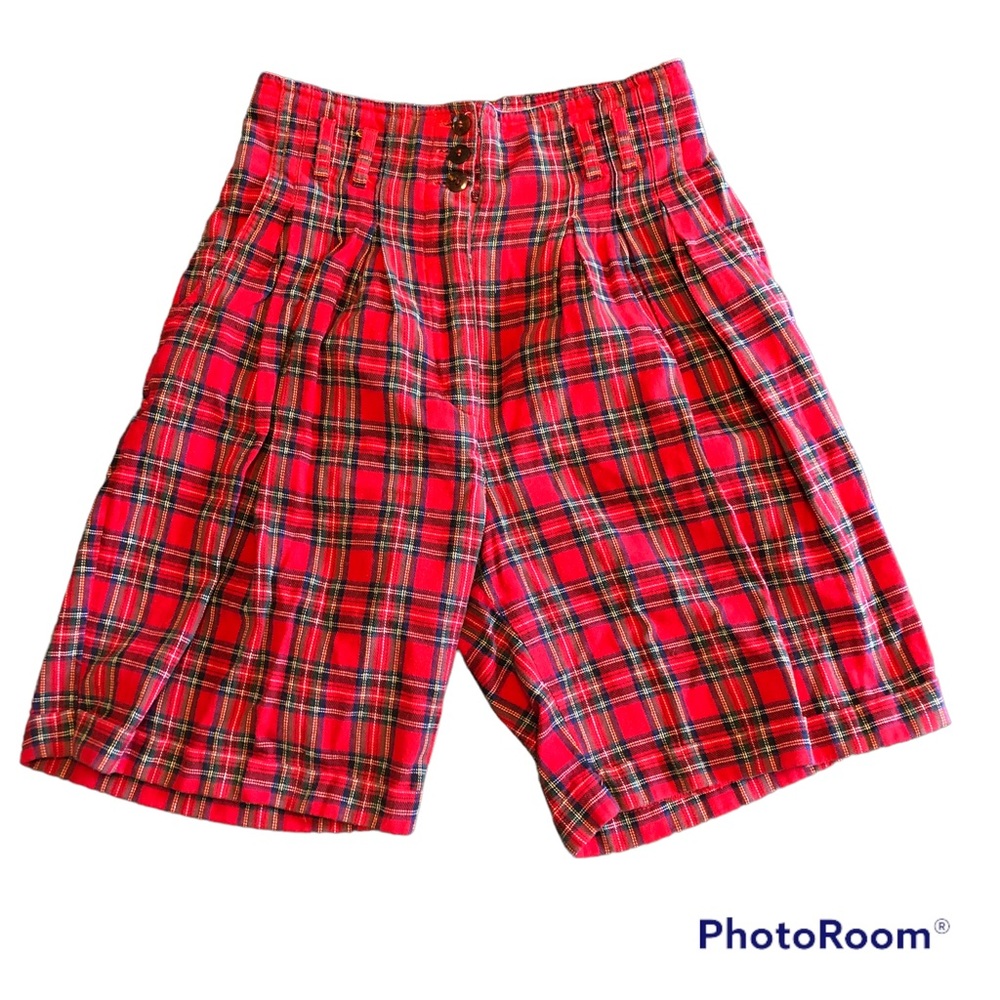 Vintage Red Plaid High Rise Pleated Academia Bermuda Shorts